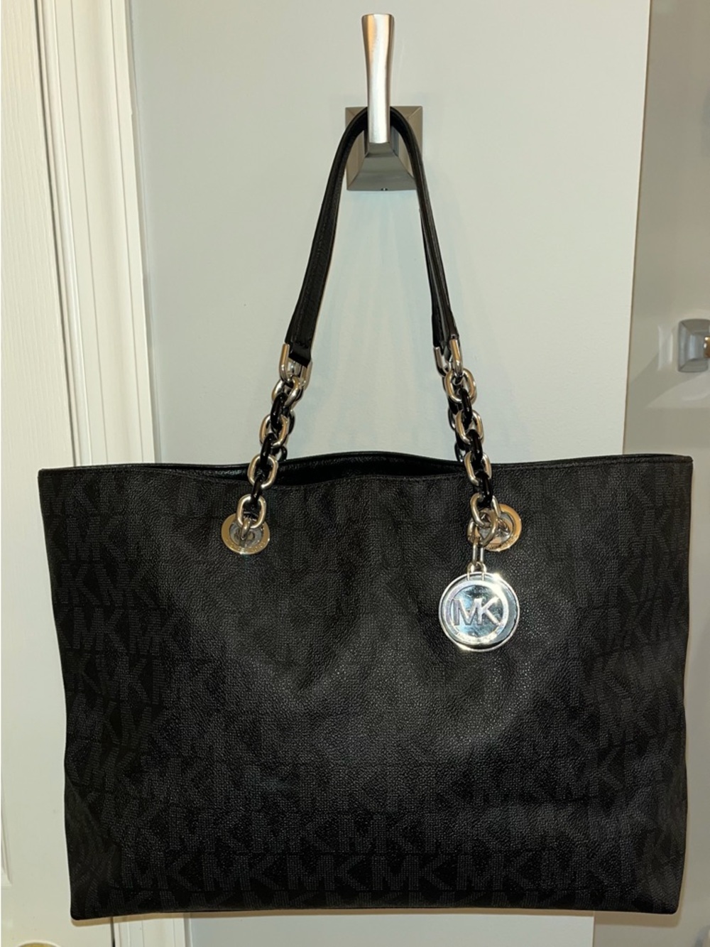 Michael Kors Black MK Logo Tote with Chain Strap and MK Charm